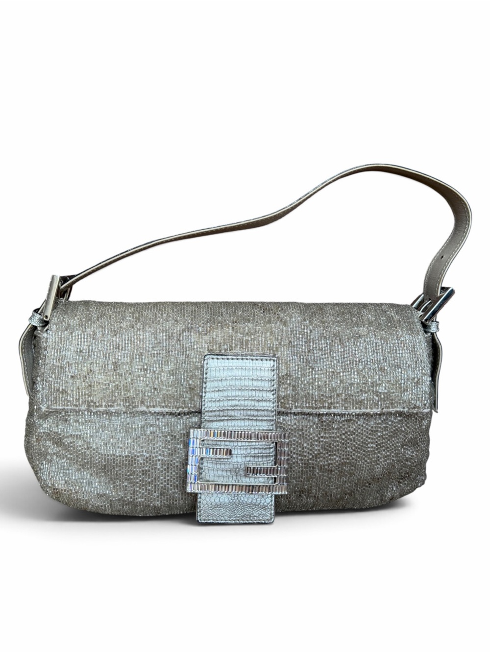 Vintage Fendi Silver Beaded Metallic Lizard Baguette Bag